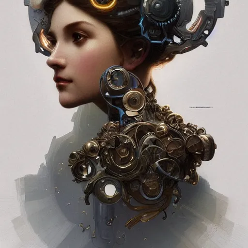 Image similar to portrait of a robot, intricate, elegant, highly detailed, digital painting, artstation, concept art, smooth, sharp focus, illustration, art by artgerm and greg rutkowski and alphonse mucha and william - adolphe bouguereau