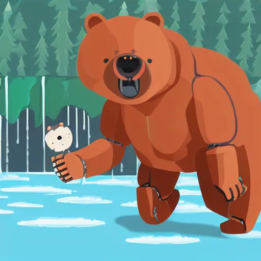 Image similar to [Robot chasing bear { eyes(cute huge + luminous), view(full body + zoomed out), background(solid), pose(arms up + happy), holding(stick), bear(scared + running away), waterfall(beautiful + lushious + large)}]