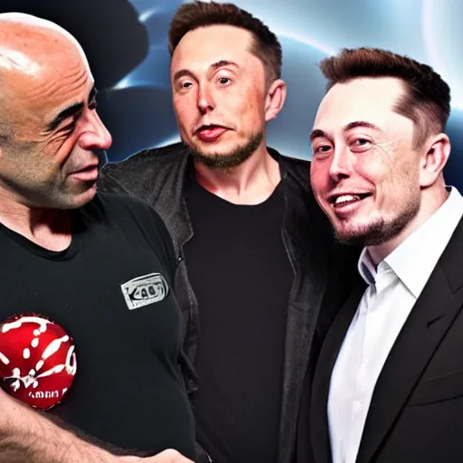 Prompt: joe rogan celebrating his birthday with elon musk and tim dillon in real life, 8 k, 4 k uhd, realistic, hyper realistic, super detailed, very detailed, detailed