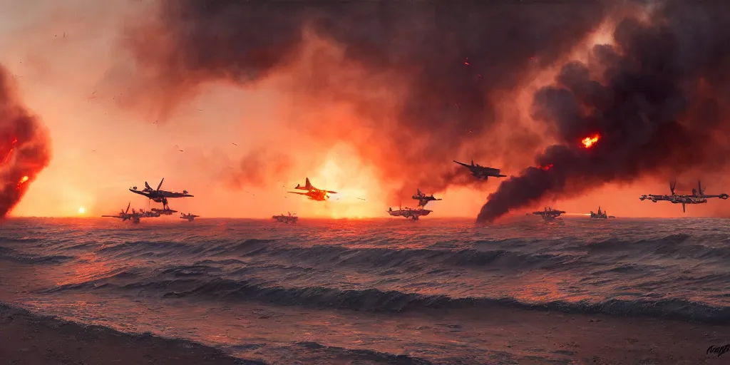 Prompt: the normandy!!!!! landings, d - day, 1 9 4 5, sunset, chaos!!!, smoke, fire, soldiers charging in, airplanes bombing the beach, destroyed tanks, highly detailed, wide shot, sadness, cinematic, ultra realistic!!!, ray tracing, by greg rutkowski