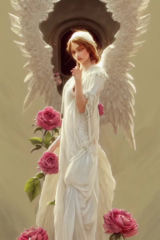 Prompt: angel dressed in a victorian roses white dress fashion, D&D, fantasy, intricate, elegant, highly detailed, digital painting, artstation, concept art, matte, sharp focus, illustration, art by Artgerm and Greg Rutkowski and Alphonse Mucha