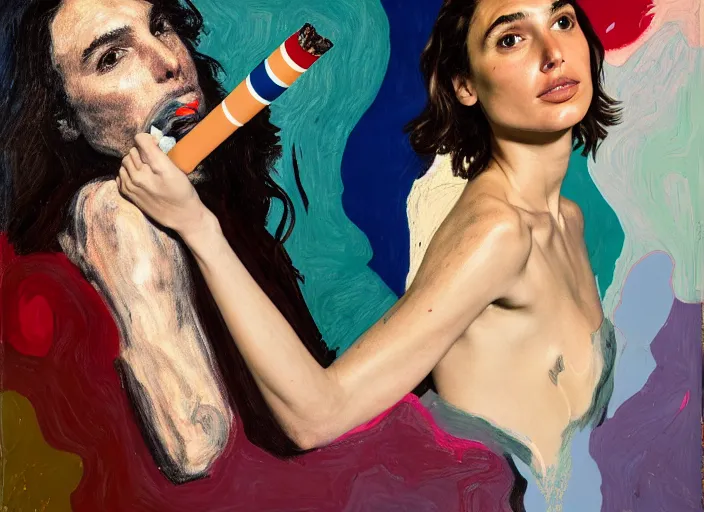 Image similar to portrait of gal gadot smoking a sigaret, by vincent lefevre and hernan bas and pat steir and hilma af klint, psychological, photorealistic, dripping paint, washy brush, rendered in octane, altermodern, masterpiece