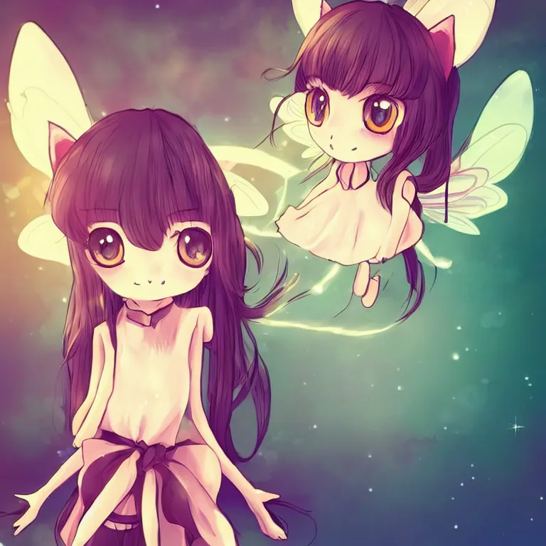 Image similar to cute, full body, female, anime style, a cat girl with fairy wings, large eyes, beautiful lighting, sharp focus, simple background, creative, heart effects, filters applied, illustration