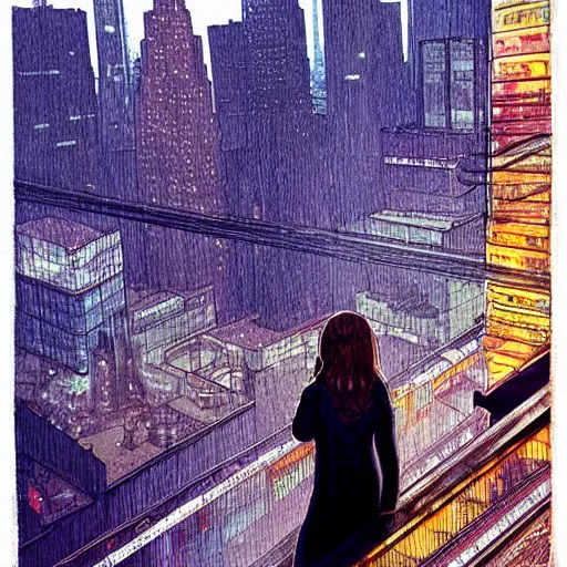 Image similar to “ a girl on a ledge overlooking futuristic new york city, ghostpunk, heavy rain, high detail, by moebius ”