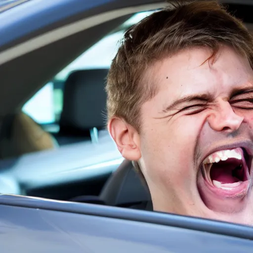 Image similar to majijej laughing while driving, photo realistic 4k, high definition