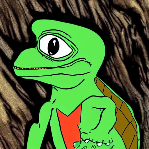 Image similar to dinosaur pepe in a cave