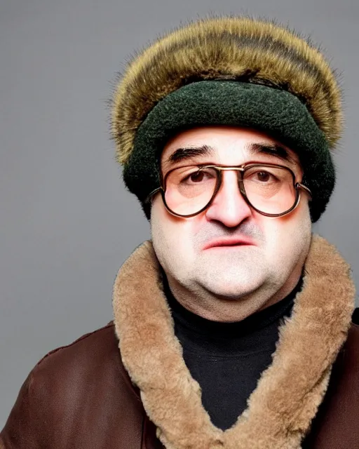 Prompt: headshot of john belushi wearing a russian trapper soviet ushanka bomber hat knitted leather earflap fur lined winter cap and aviator goggles, he is also wearing an a 2 flight jacket, a long white scarf is wrapped around his neck, he has a 5 o'clock shadow, a crazed angry look on his face