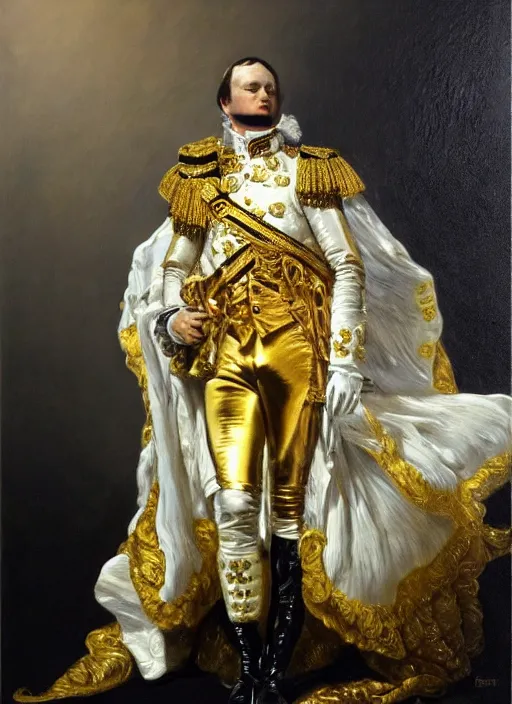 Image similar to highly detailed oil painting | very intricate | cinematic lighting | black, white and gold color scheme, dark background | napoleon dressed by alexander mcqueen | by roberto ferri, by gustav moreau, by singer sargent and klimt, american romanticism, occult art | by austin osman spare, artstation, cgsociety, official art, octane