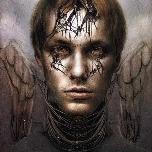 Prompt: surreal portrait of a man by Greg Rutkowski and H.R Giger, he is about 30 years old, west slav features, short blonde hair with bangs, attractive, smart looking, slim, somewhat androgenic, transformed into a kind of biomechanical transhuman angel, disturbing, terrifying but fascinating, with a determined and sinister expression on his face, cosmic void background, frightening, fascinating, highly detailed portrait, digital painting, book cover, artstation, concept art, smooth, sharp foccus ilustration, Artstation HQ