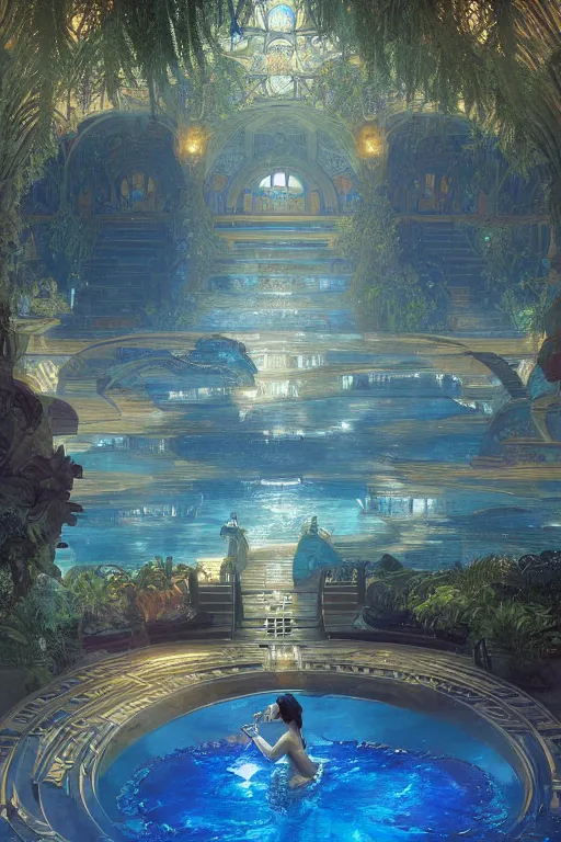 Prompt: Concept Digital Art Highly detailed Art Deco Cybertronian lazy river inside of the Palace of the Primes with glowing blue water at night by greg rutkowski, Ilya repin, alphonse mucha, and Edmund Blair Leighton. Very highly detailed 8K, octane, Digital painting, the golden ratio, rational painting