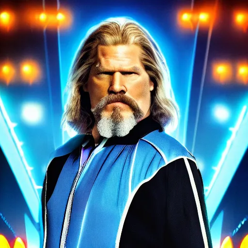 Image similar to dude lebowski played by jeff bridges in tron movie realm, photorealistic movie still, detailed 8 k, poster style, high resolution