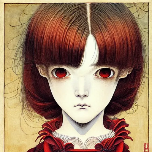 Prompt: prompt: Portrait painted in renaissance style drawn by Katsuhiro Otomo and Takato Yamamoto, inspired by Fables, china doll face, smooth face feature, intricate oil painting, high detail, sharp high detail, manga and anime 2000