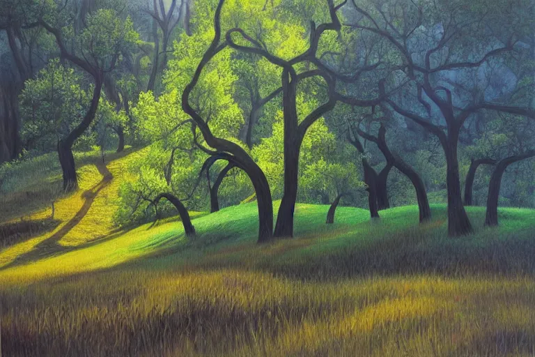 Image similar to masterpiece painting of oak trees on a hillside overlooking a creek, dramatic lighting, by april gornik