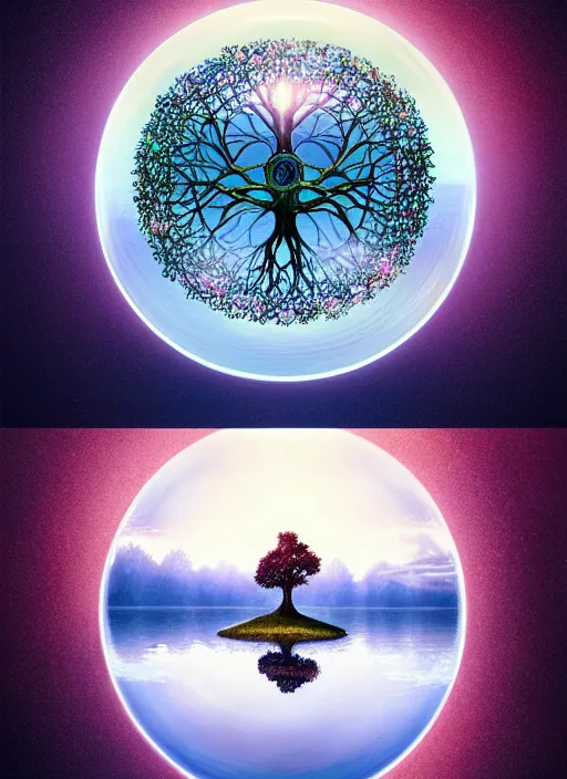 Image similar to transparent horizontally centered crystal ball floating over a serene lake, tree of life inside the ball, intricate details, radiant light, reflections on the water, ripples, moody sky, hyperdetailed illustration by yuumei, by mark brooks, john harris, artstation, low global light, coherent composition