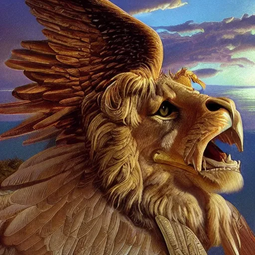 Image similar to a realistic oil painting of a winged lion's body with the head of an eagle and a beak, in an ancient egyptian temple, at purple sunset, highly detailed, trending on artstation, by james gurney and michael whelan and krenz cushart and alphonse mucha