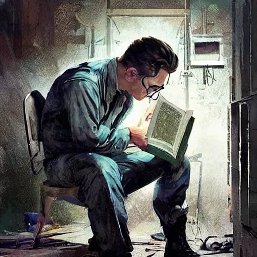 Image similar to a highly detailed epic cinematic concept art CG render digital painting artwork costume design: young James Dean as a well-kept neat mechanic in 1950s USSR green dungarees and big boots, reading a book. By Greg Rutkowski, Ilya Kuvshinov, WLOP, Stanley Artgerm Lau, Ruan Jia and Fenghua Zhong, trending on ArtStation, subtle muted cinematic colors, made in Maya, Blender and Photoshop, octane render, excellent composition, cinematic atmosphere, dynamic dramatic cinematic lighting, aesthetic, very inspirational, arthouse