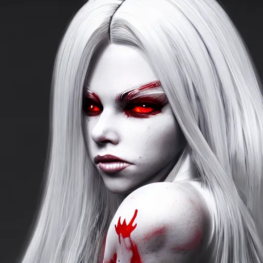 Image similar to a highly detailed portrait of a humanoid demon girl with white hair, red horns, in white clothes, artstation, deviantart, professional, unreal engine 5, photorealistic