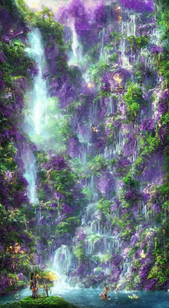 Prompt: a mystical solarpunk fairy city in the amethysts wall of a dreamy waterfall cave by kinkade