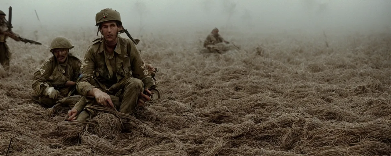 Image similar to dead soldiers on the battlefield, wrapping spaghetti, fog of war, canon 5 0 mm, high detail, intricate, cinematic lighting, photography, wes anderson, film, kodachrome