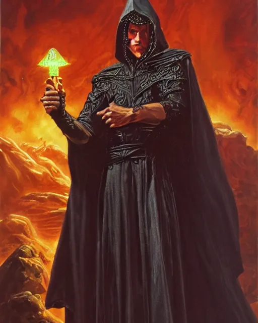 Image similar to portrait of Davis Hume as a powerful dungeons and dragons warlock, wearing dark robe, intricately detailed, realistic, oil painting, by jeff easley, boris vallejo, cinematic lighting