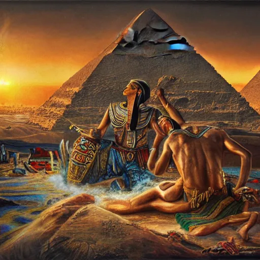 Image similar to epic disasterpiece excruciating death of Egyptian sun god Ken Kelly, photorealistic, cinematic, fantastic reality, detailed, intricate dramatic lighting, establishing shot, 8k resolution – W 1024