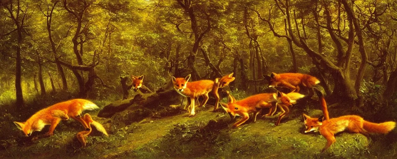 Prompt: foxes in the forest, by albert bierstadt