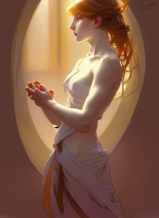 Image similar to digital character concept art by artgerm and greg rutkowski and alphonse mucha. clear portrait of a shy modern wife blessed by god to grow immaculately fertile and perfect!! blonde, in clothes! holy body! light effect. hyper detailed, glowing lights!! intricate, elegant, digital painting, artstation, smooth, sharp focus