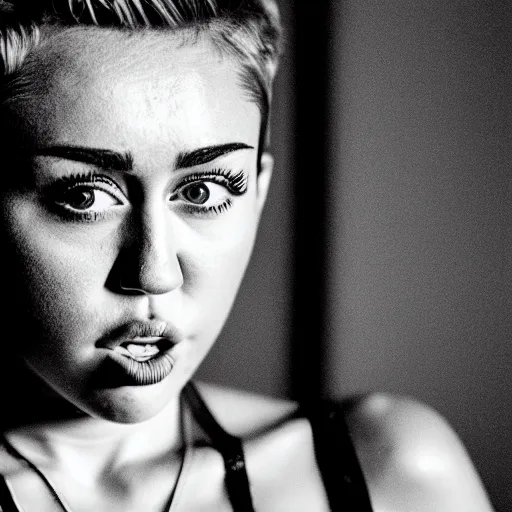 Image similar to Miley Cyrus in a dark room, movie still, photography, DSLR 35mm, low light photography, sadness