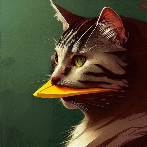 Image similar to cat eating a duck head, highly detailed, digital painting, artstation, concept art, sharp focus, illustration, art by greg rutkowski and alphonse mucha