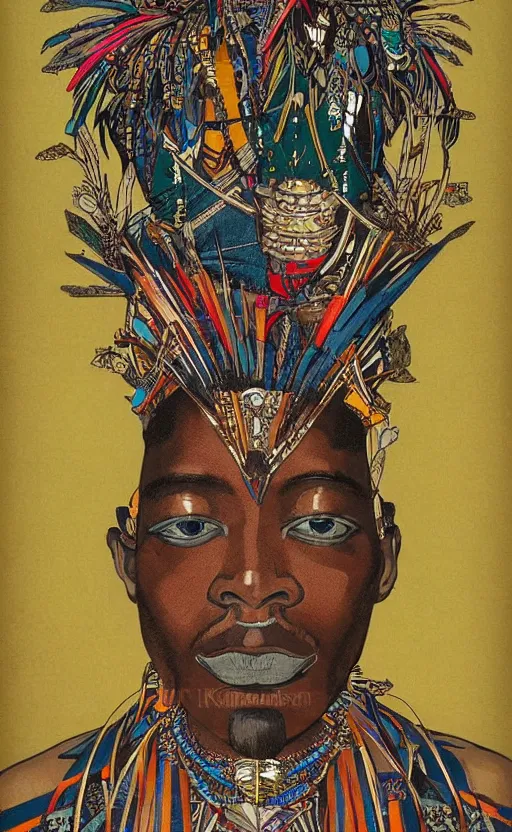 Image similar to upper half portrait of retro futuristic african tribal chief - embellished with vegetation and iridescent crystals, art by utagawa kunisada, highly detailed, digital painting, concept art, illustration, sharp focus, intricate, symmetry, artstation, colourful,