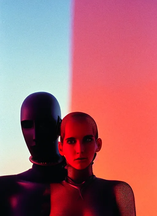 Image similar to cinestill 5 0 d photographic portrait of two loving female androids wearing rugged black mesh techwear crop top on a desolate plain with a red sky, extreme closeup, modern cyberpunk, dust storm, 8 k, hd, high resolution, 3 5 mm, f / 3 2, ultra realistic faces, ex machina, blade runner