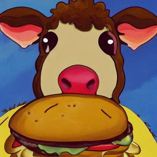 Image similar to a happy cow eating a cheeseburger, high art