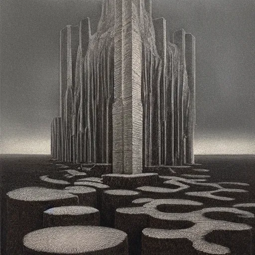 Image similar to buildings the size of gods, eco-brutalism, by Zdzisław Beksiński