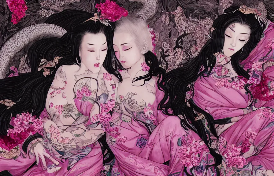 Image similar to full body portrait of Geishas lying in pink silk sheets, whole skin covered with dragon and flowers tattoos, D&D, fantasy, highly detailed, digital art, trending on artstation, smooth, sharp focus, illustration, art by artgem