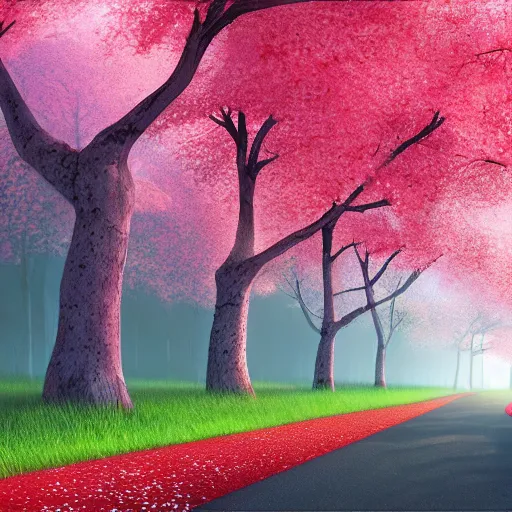 Prompt: road through a cherry tree forest, pellets falling down with the wind, pinkshift render, advanced digital painting, 4k