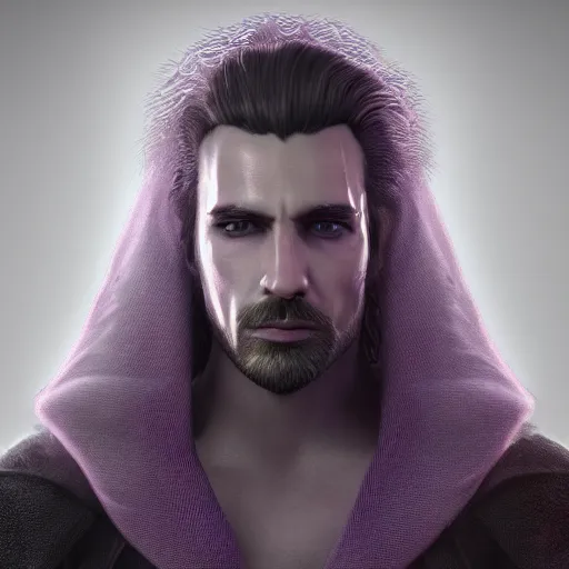 Image similar to a highly detailed portrait of a man with purple eyes, light gray long hair, beardless, no beard, wearing a black cloak, artstation, DeviantArt, professional, octane render