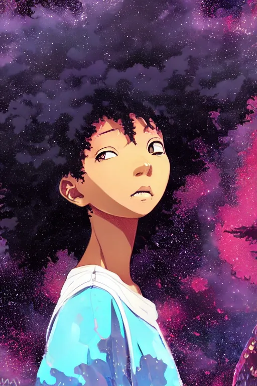 Prompt: ( a young black girl with a nebula afro ), trending on pixiv fanbox, painted by makoto shinkai takashi takeuchi studio ghibli, akihiko yoshida, yoshitaka amano, wangechi mutu, clean cel shaded vector art, illustration, hd, 8 k