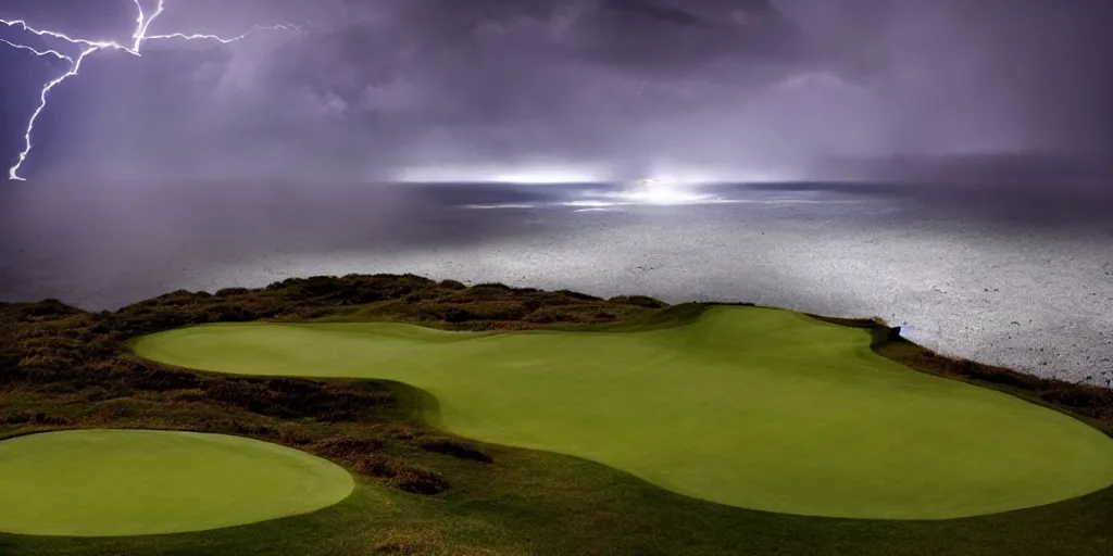 Image similar to a great photograph of the most amazing golf hole in the world, on top of the clouds, lightning storm, ambient light, golf digest, top 1 0 0, fog