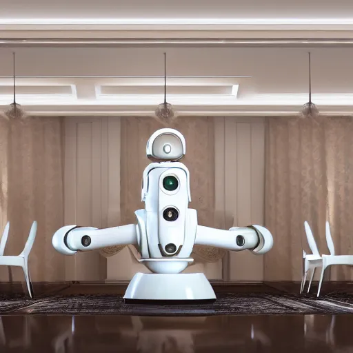 Image similar to three large white glossy kuka industrial robot having a dinner party inside a fancy dining room with retro modern furniture and decor, global illumination, artstation, fantasy, volumetric light