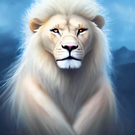 Image similar to a beautfiul aesthetic commission portrait of a anthro albino lion looking at the sky worried,attractive beautiful face,detailes face,expression,natural lighting,fantasy art,deviantart,artstation,character design by charles bowater,ross tran,4k,photorealistic