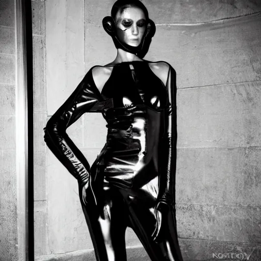 Image similar to fashion photography of an extraterrestrial model, wearing demobaza fashion, inside berghain, berlin fashion, strap on, futuristic fashion, dark minimal outfit, photo 3 5 mm leica, hyperdetail, berghain, 8 k, very detailed, photo by nick knight