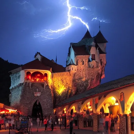 Prompt: dracula castle transylvania waterpark, night, lightning