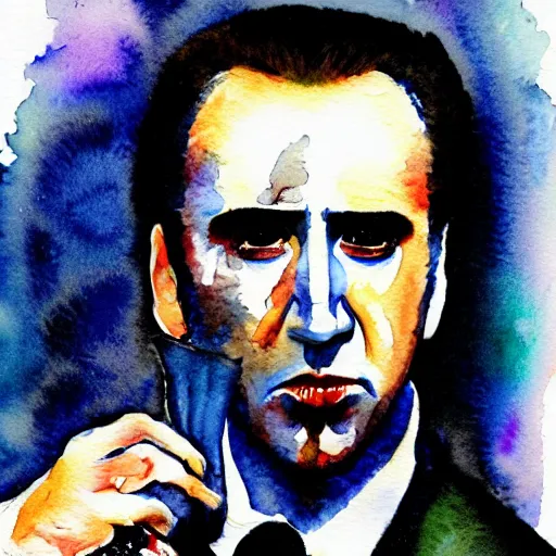 Prompt: watercolor portrait of nicolas cage as count dracula, detailed, centered, duotone