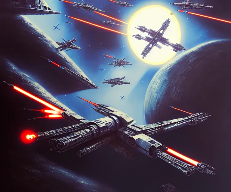 Image similar to the rebel alliance x - wing fighters fly through the death star trench to blow up the death star, dramatic lighting, electrical details, high details, 8 k, best, accurate, trending on artstation, photorealism, ultrarealistic, digital painting, style of peter mohrbacher, caravaggio, boris vallejo