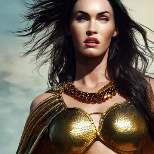 Image similar to full body photo of megan fox as a beautiful amazon warrior goddess wearing a flowing cape and golden chain mail armor, ornate jewelry, in the jungle, studio lighting, octane render, fashion photo by Arney freytag