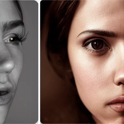 Prompt: Portrait photography of someone who have the nose of Scarlett Johansson, the lips of Penélope Cruz and the eyes of Jessica Alba, award winning photography by Leonardo Espina