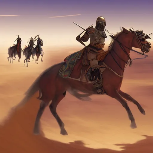 Image similar to crusaders charging across the desert sand at the arabian army, medieval, highly detailed, digital painting, concept art, sharp focus, by makoto shinkai