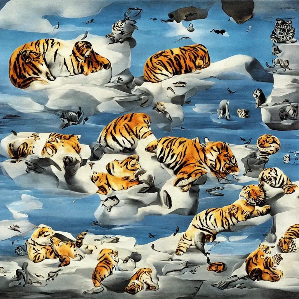 Prompt: baby harp seal and tigers, painting by salvador dali, surrealism