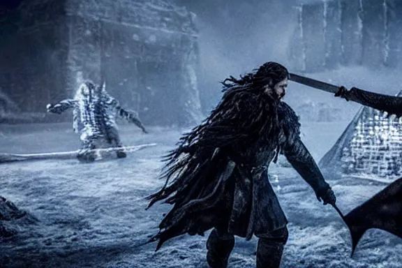 Image similar to very very intricate photorealistic photo of jon snow fighting the night king, photo is in focus with detailed atmospheric lighting, award - winning details