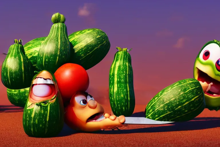 Prompt: detailed 3 d render of an angry furious zucchini with a bloody sword in his hand, running down the road chasing after a group of scared tomatoes, hyper realistic octane render, dramatic lighting, high speed chase, nightmare, surrealism, pixar, disney, cartoon